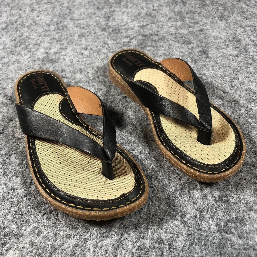 Born Basics Bora‎ Sandals Womens Size 6 Black Leather Thong Flip Flop Comfort
